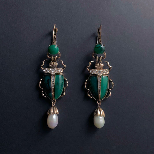 Scarab & Baroque Pearl Jade Green Earrings