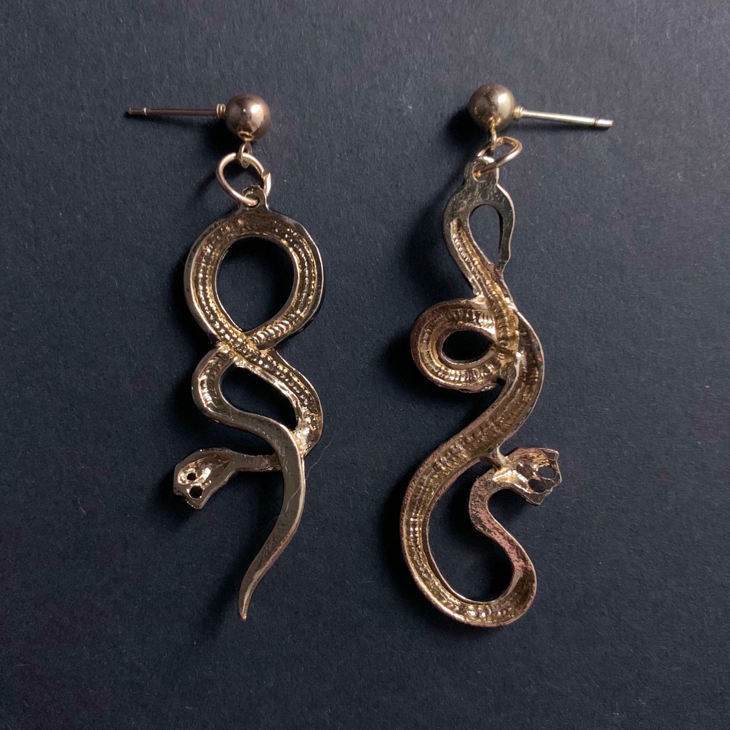 Snake Asymmetrical Cloisonné Enamel Earrings in Gold, Black & Emerald