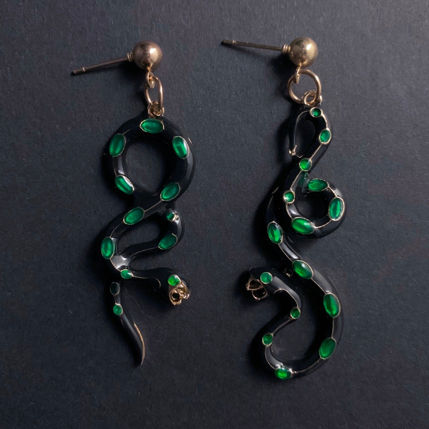 Snake Asymmetrical Cloisonné Enamel Earrings in Gold, Black & Emerald