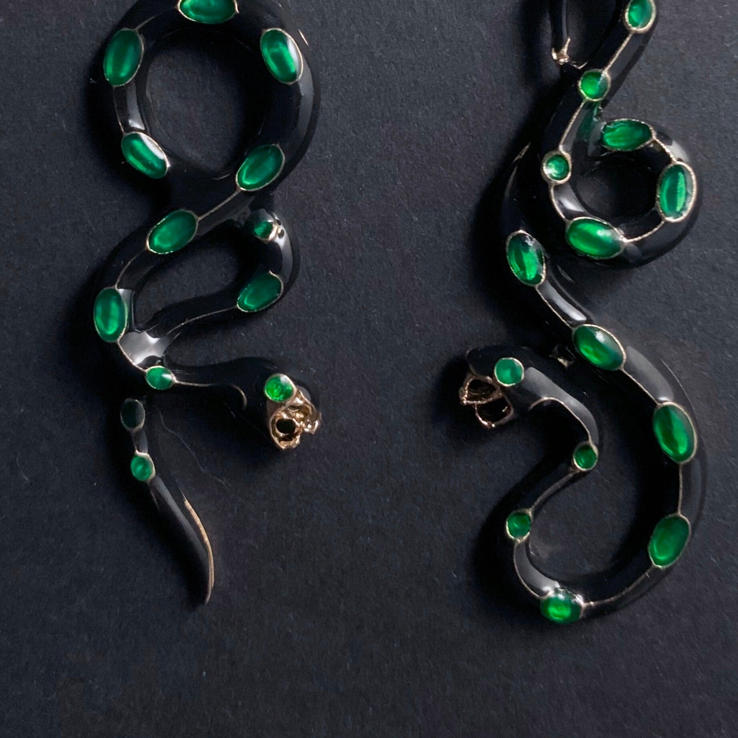 Snake Asymmetrical Cloisonné Enamel Earrings in Gold, Black & Emerald