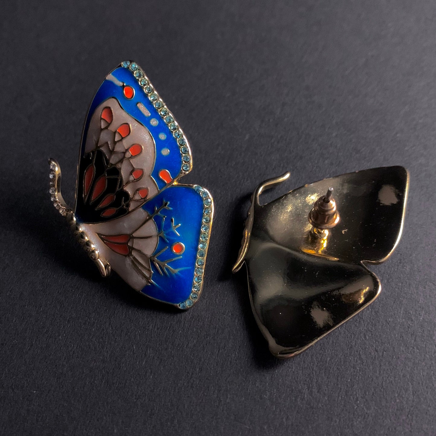 Butterfly Blue & Off-White Cloisonné Enamel Gold Stud Earrings