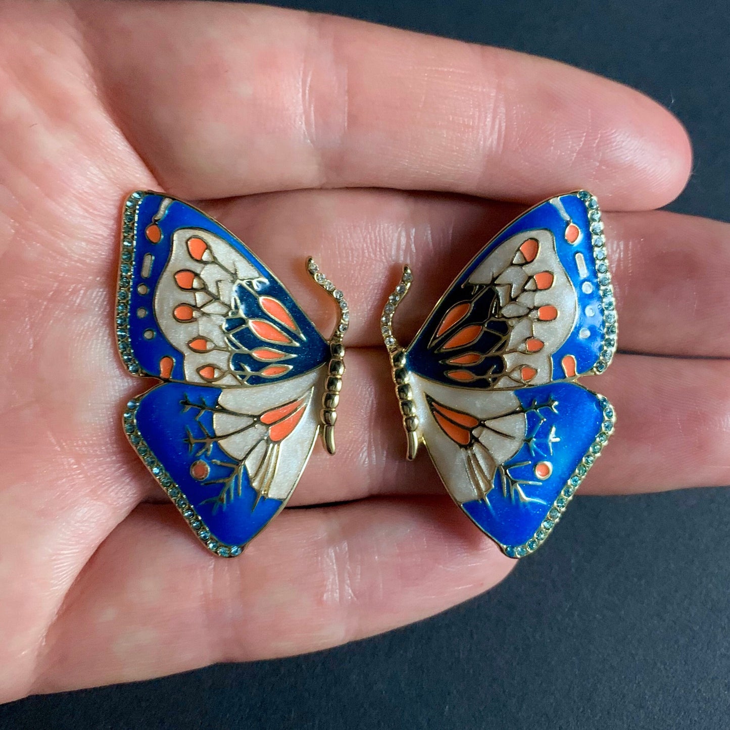 Butterfly Blue & Off-White Cloisonné Enamel Gold Stud Earrings