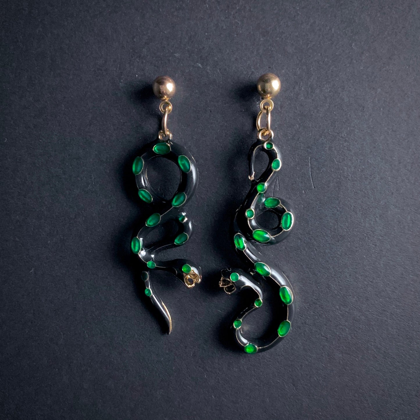 Snake Asymmetrical Cloisonné Enamel Earrings in Gold, Black & Emerald