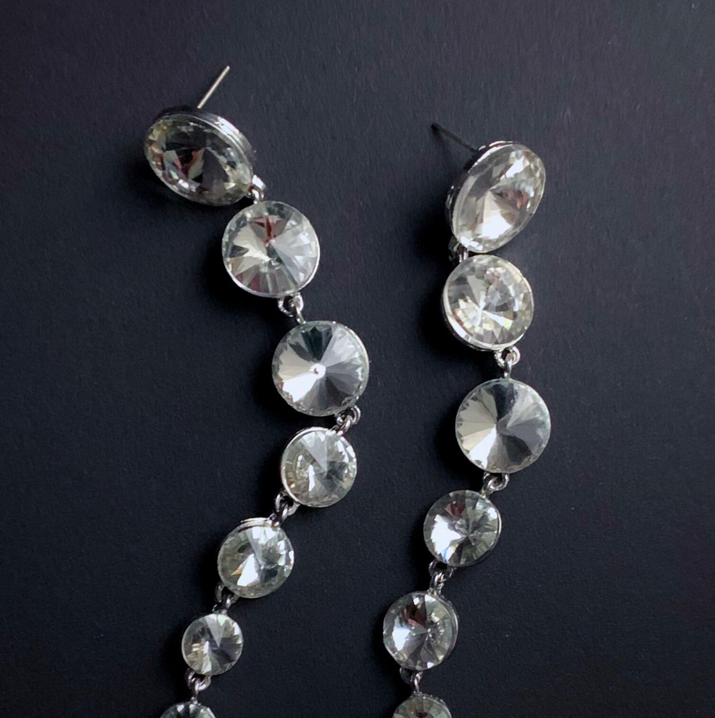 Super Long Silver Statement Earrings with Round Crystals