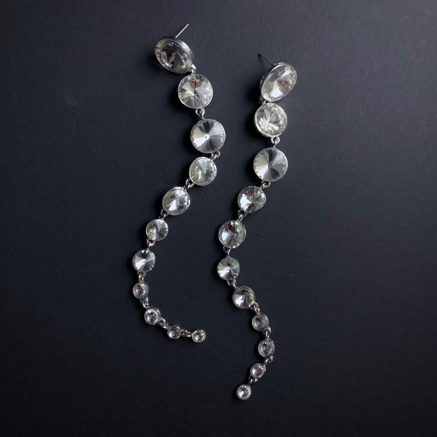 Super Long Silver Statement Earrings with Round Crystals