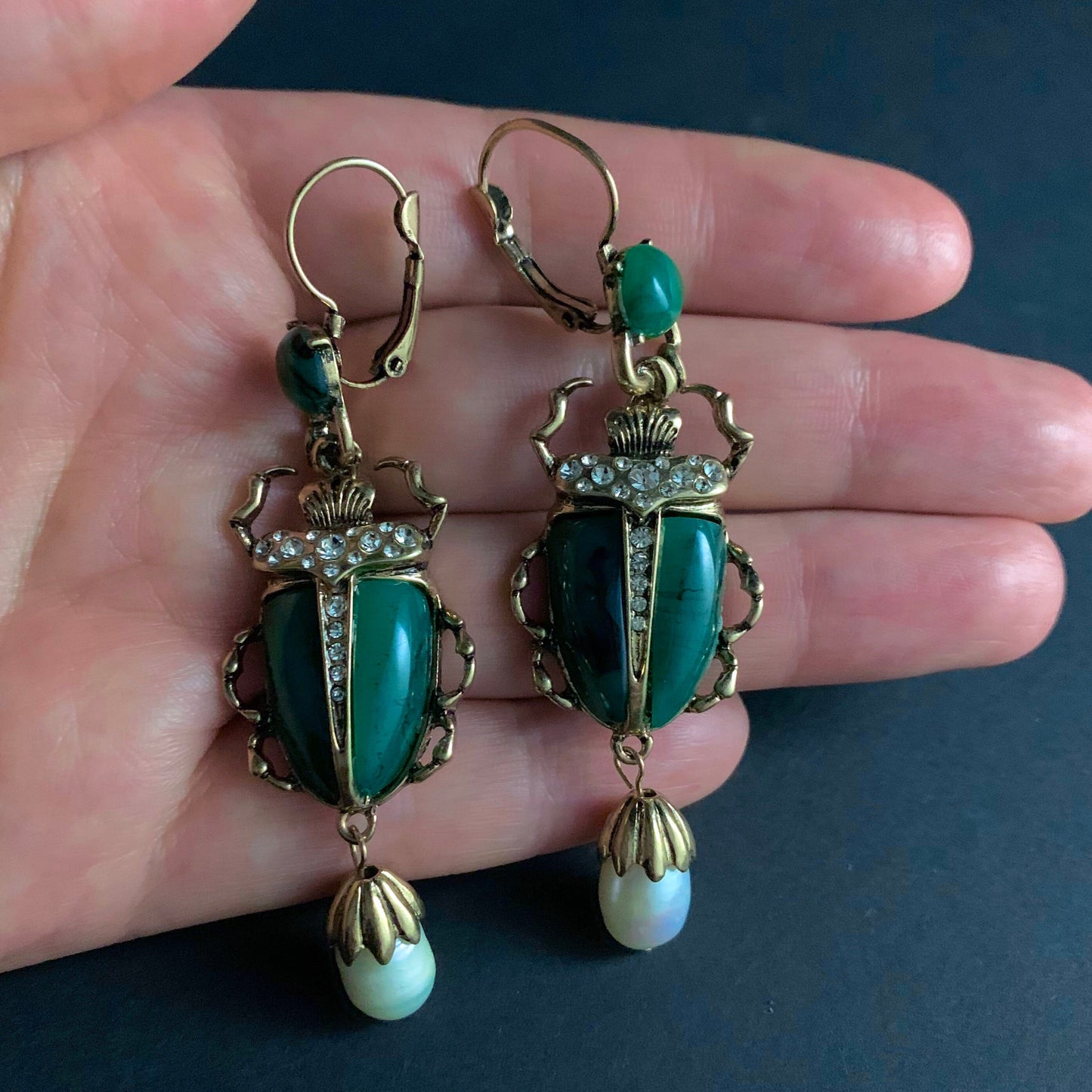 Scarab & Baroque Pearl Jade Green Earrings