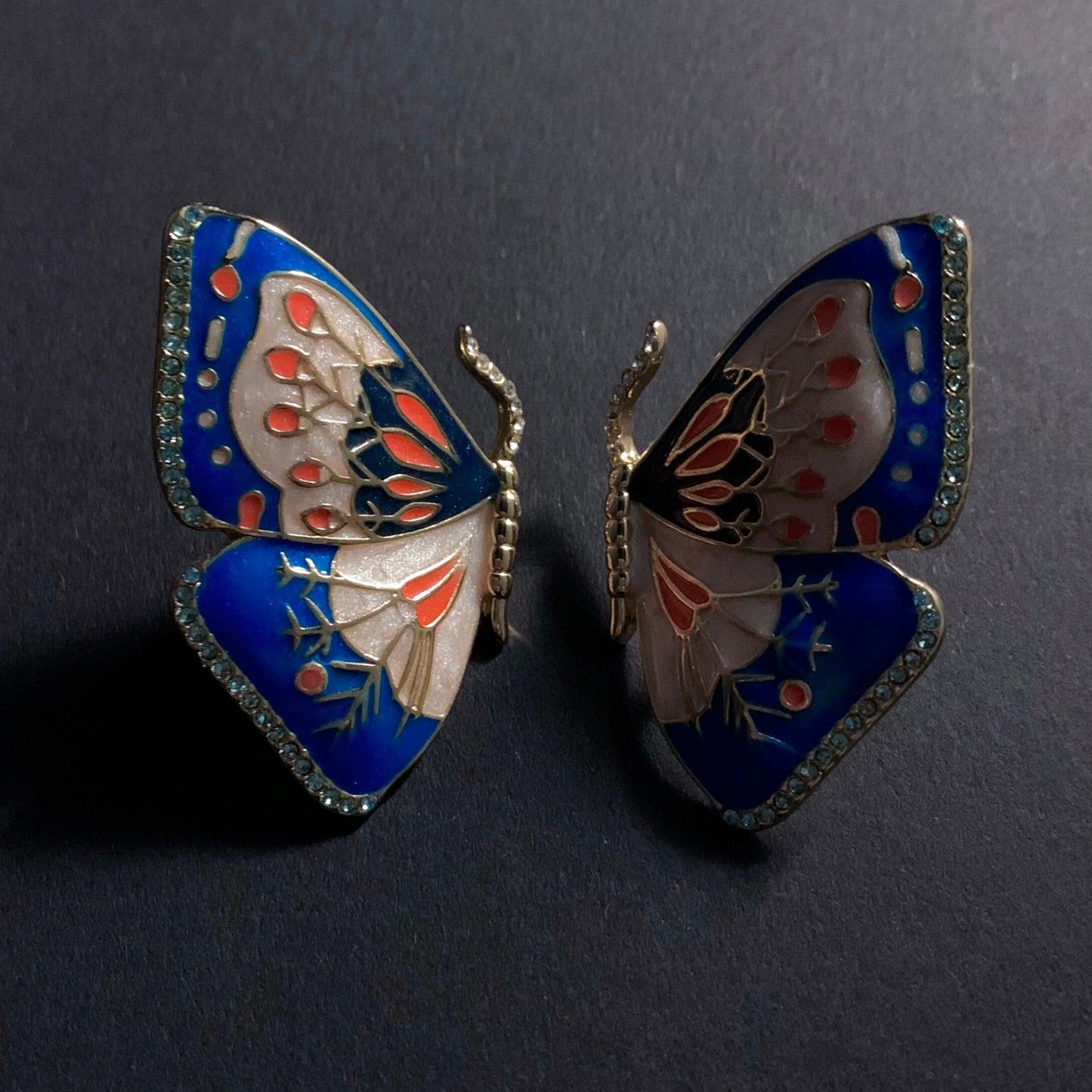 Butterfly Blue & Off-White Cloisonné Enamel Gold Stud Earrings