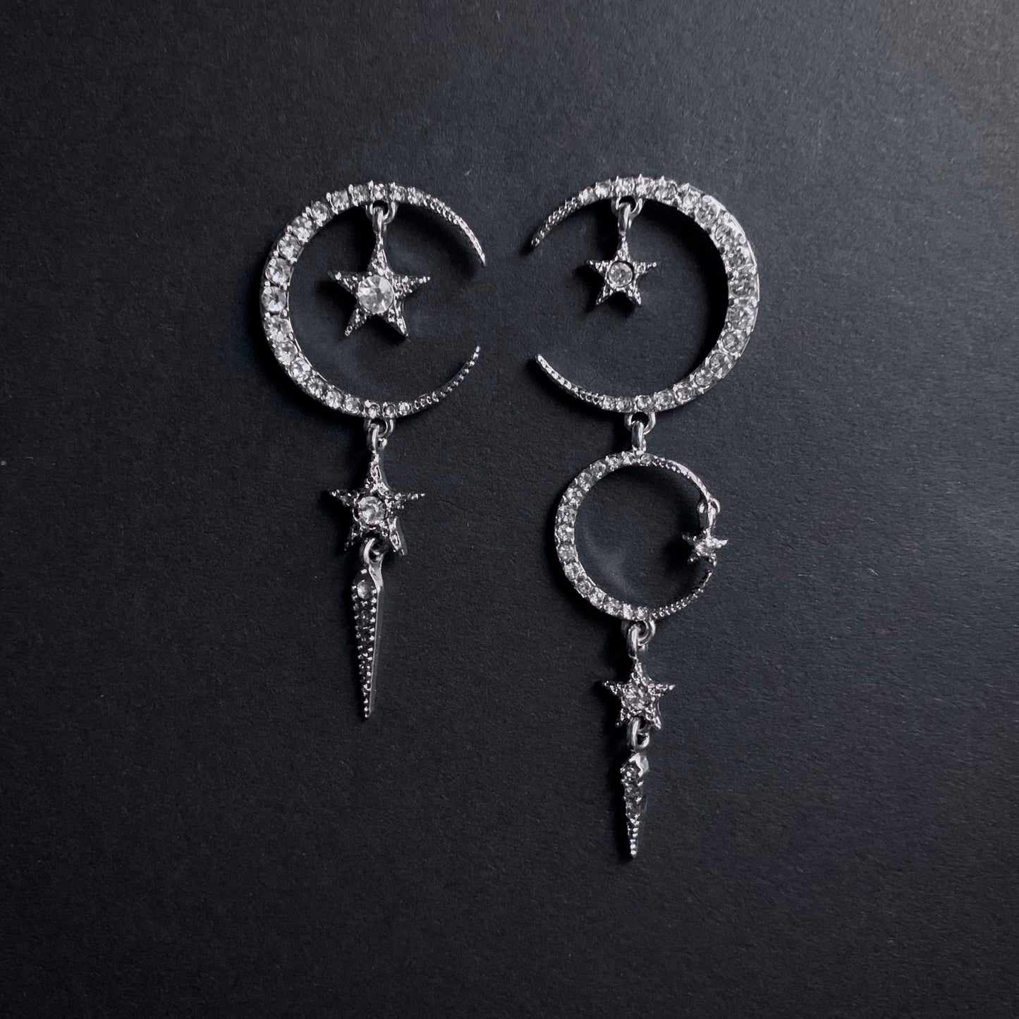 Moon & Stars Asymmetrical Silver Earrings