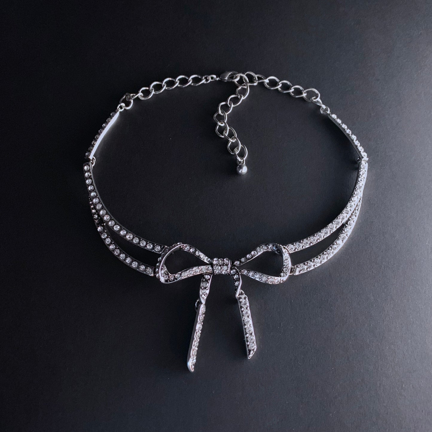 Bow Silver & Clear Rhinestone Choker Statement Necklace