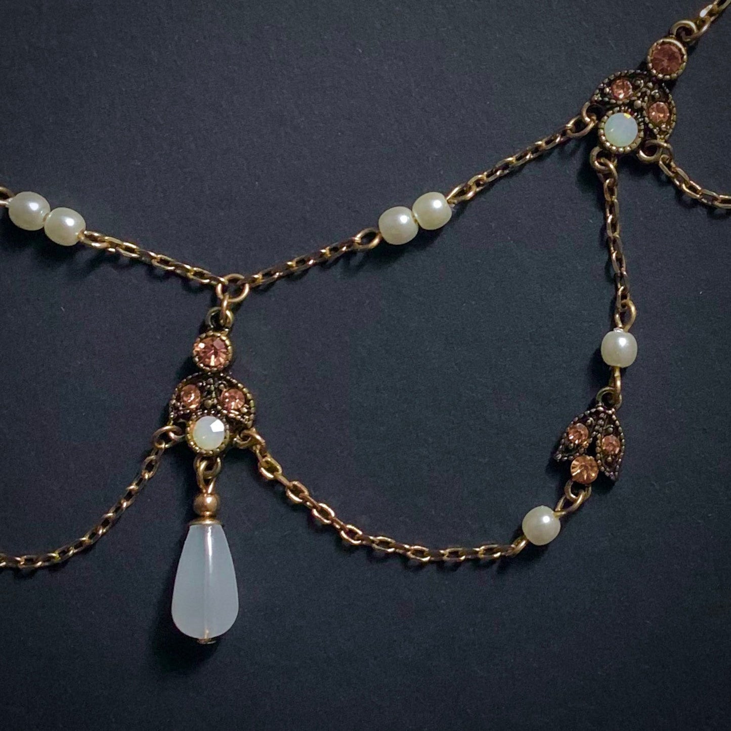 Art Nouveau Back Drop Bridal Necklace in Pearl & Antique Gold