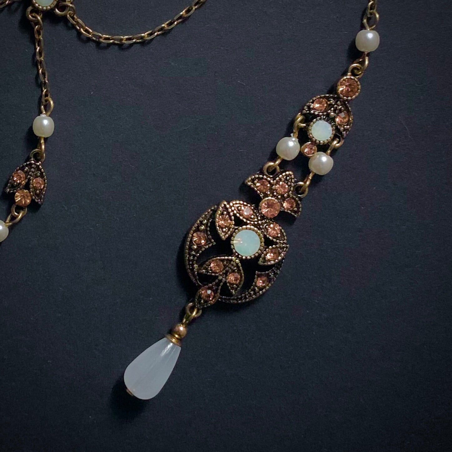 Art Nouveau Back Drop Bridal Necklace in Pearl & Antique Gold