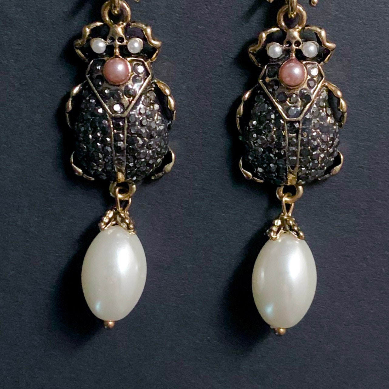 Scarab, Marcasite & White Pearl Gold Earrings