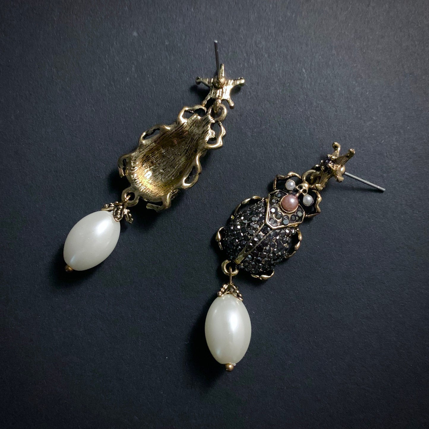 Scarab, Marcasite & White Pearl Gold Earrings