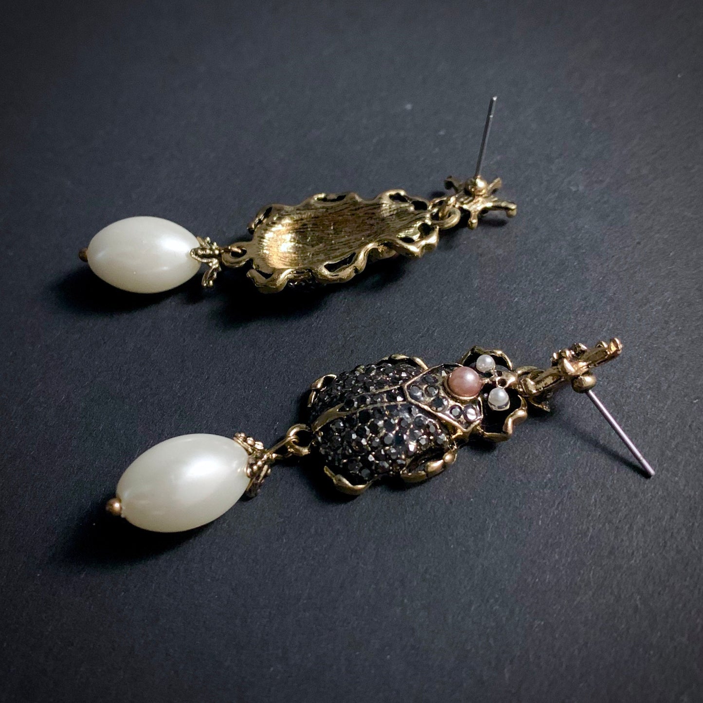 Scarab, Marcasite & White Pearl Gold Earrings