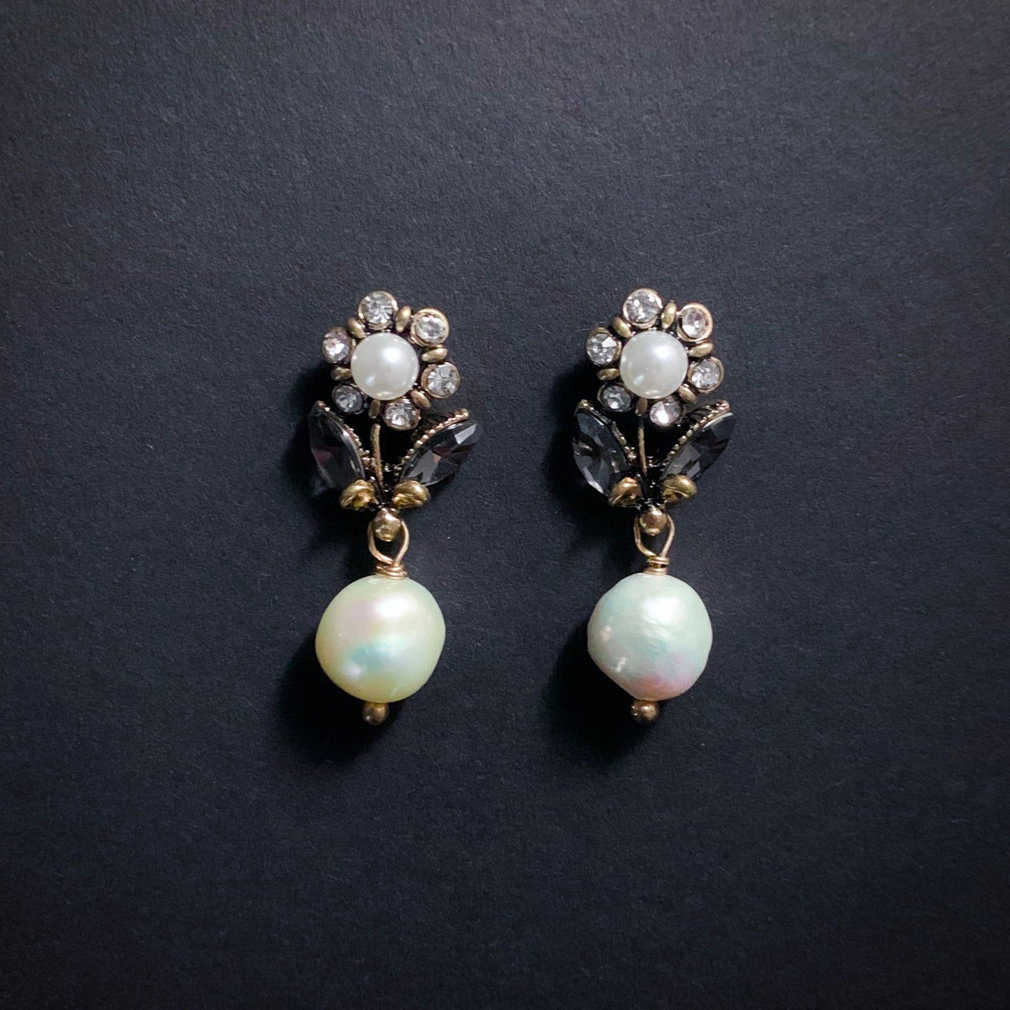 Flower & Baroque Freshwater Pearl Art Nouveau Stud Earrings in Snow White, Grey and Antique Gold