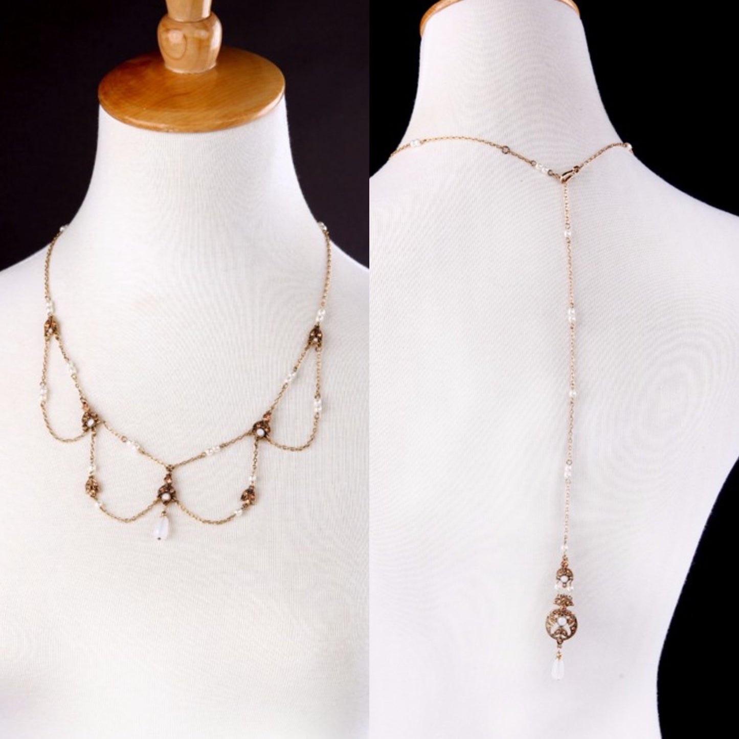 Art Nouveau Back Drop Bridal Necklace in Pearl & Antique Gold