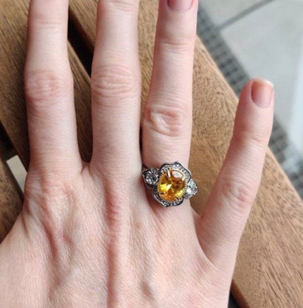 Art Nouveau Citrine Yellow & Silver Cocktail Ring