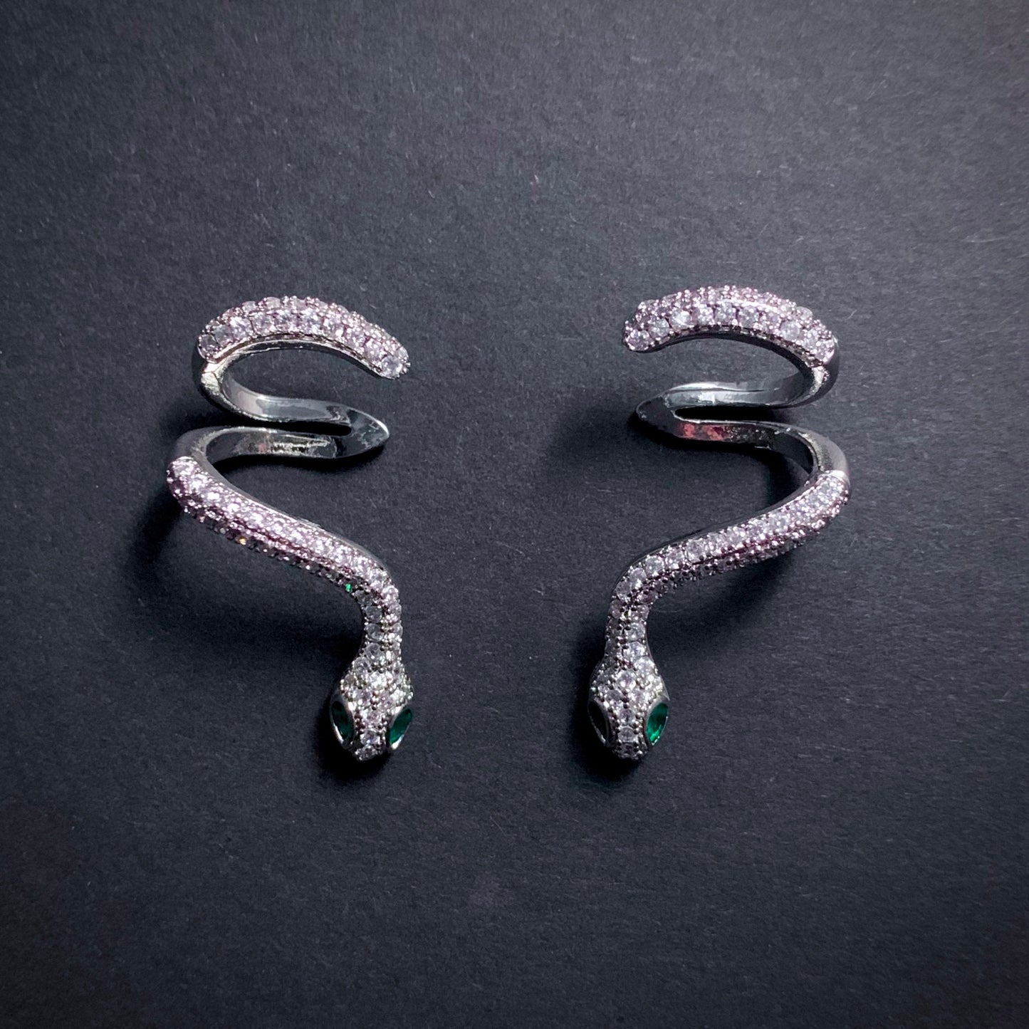 Snake Stud & Cuff Statement Earrings in Silver with Emerald Eyes