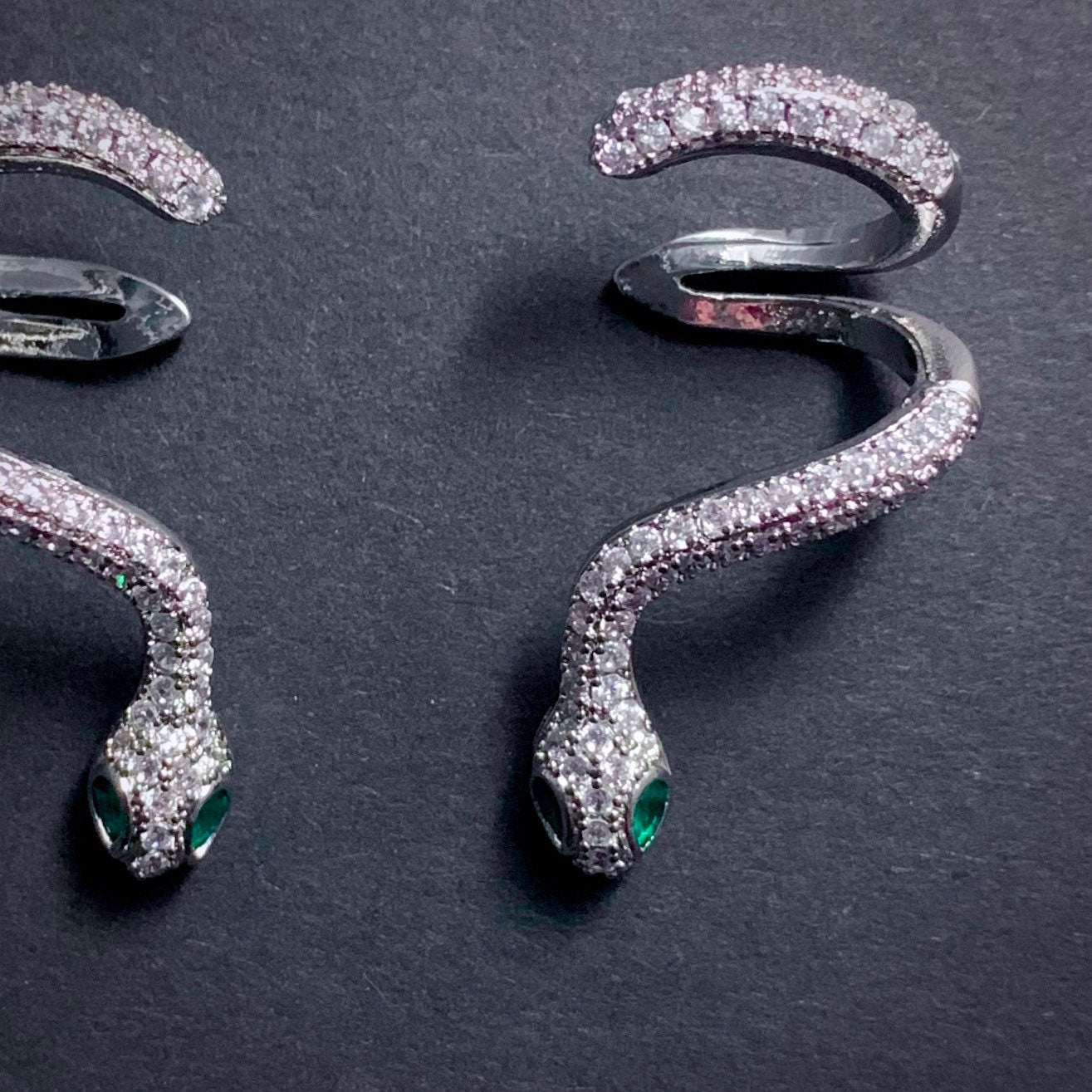 Snake Stud & Cuff Statement Earrings in Silver with Emerald Eyes
