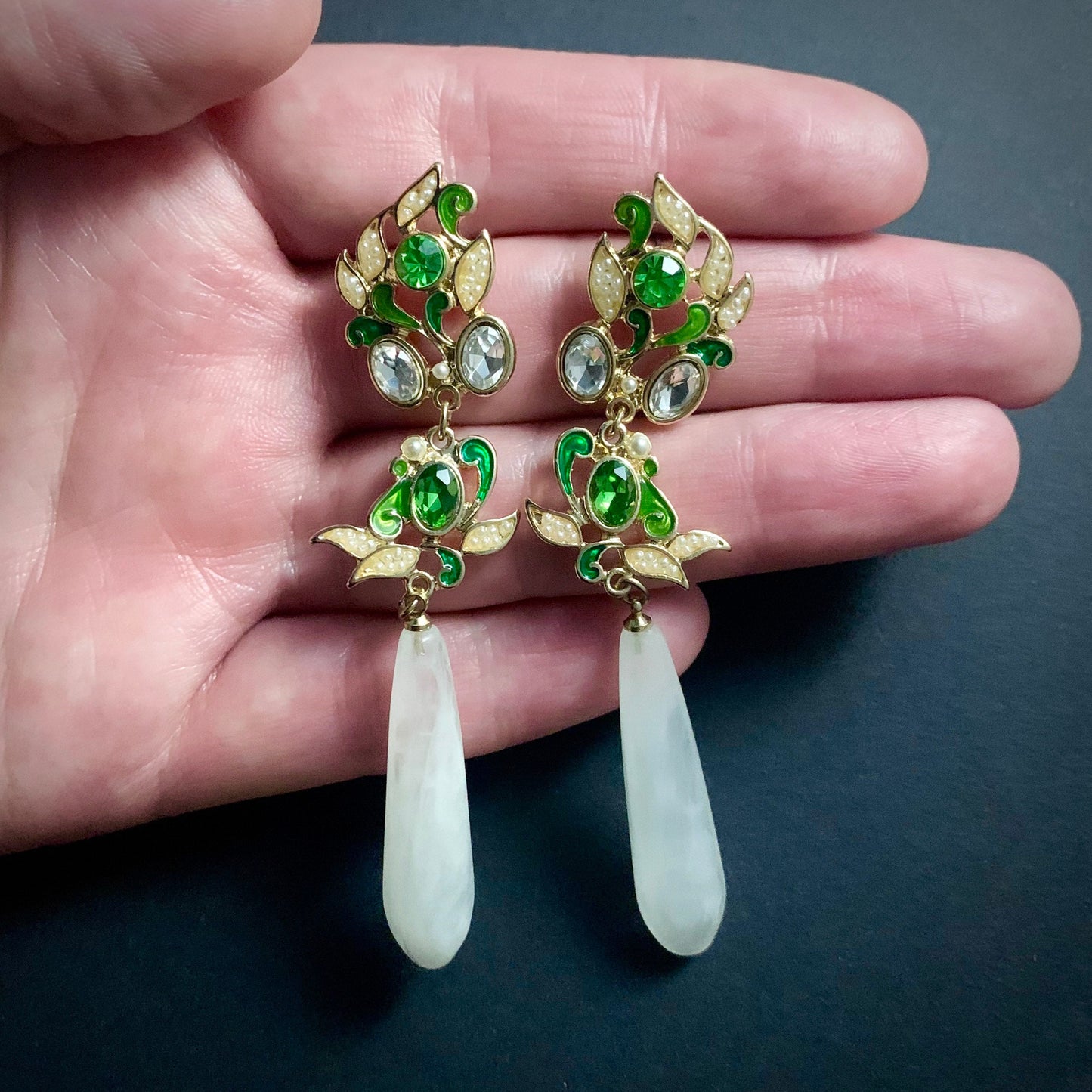 Green Leaves Enamel, Crystal & Milky White Long Teardrop Earrings