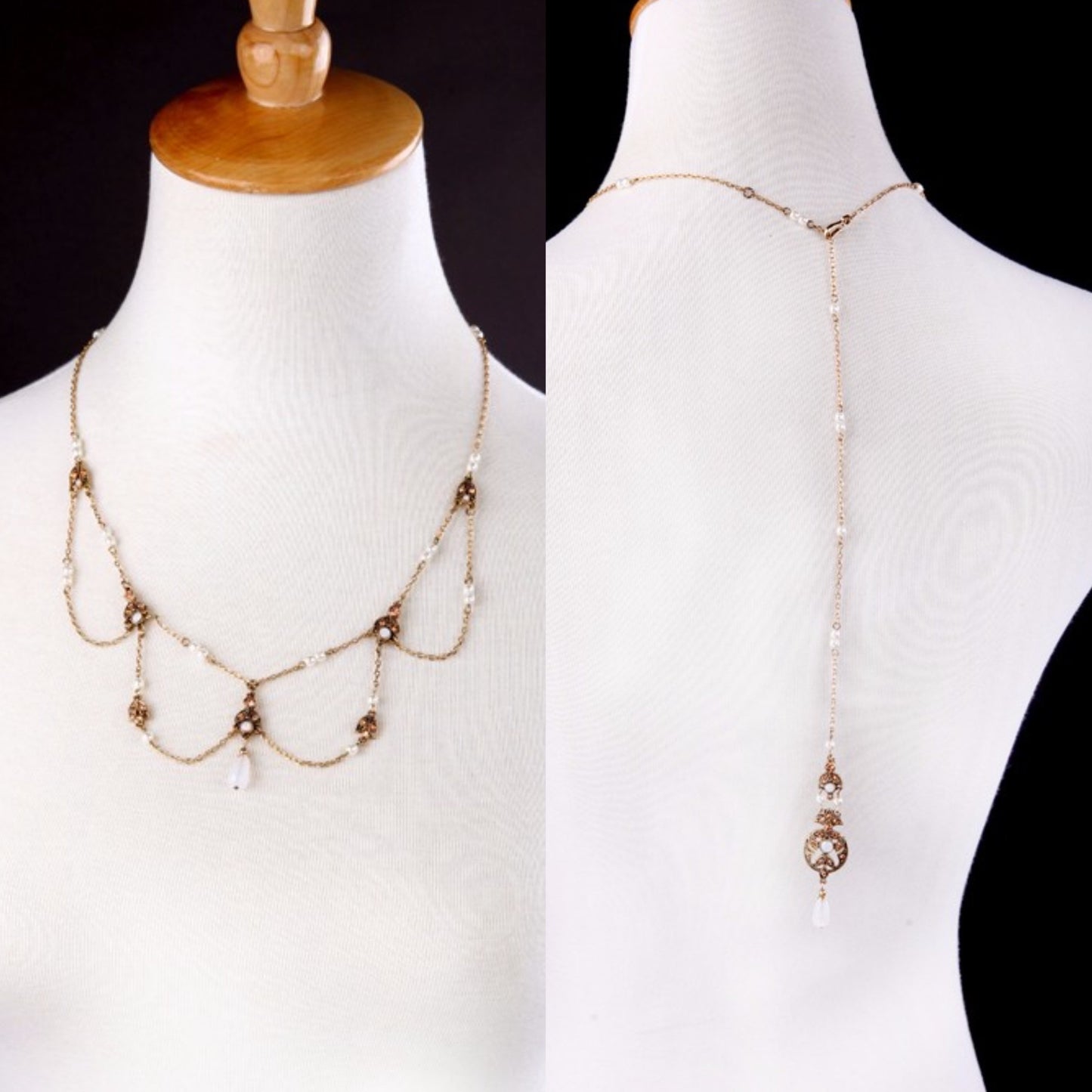 Art Nouveau Pearl & Antique Gold Back Drop Necklace and Flower Earrings Bridal Jewelry Set