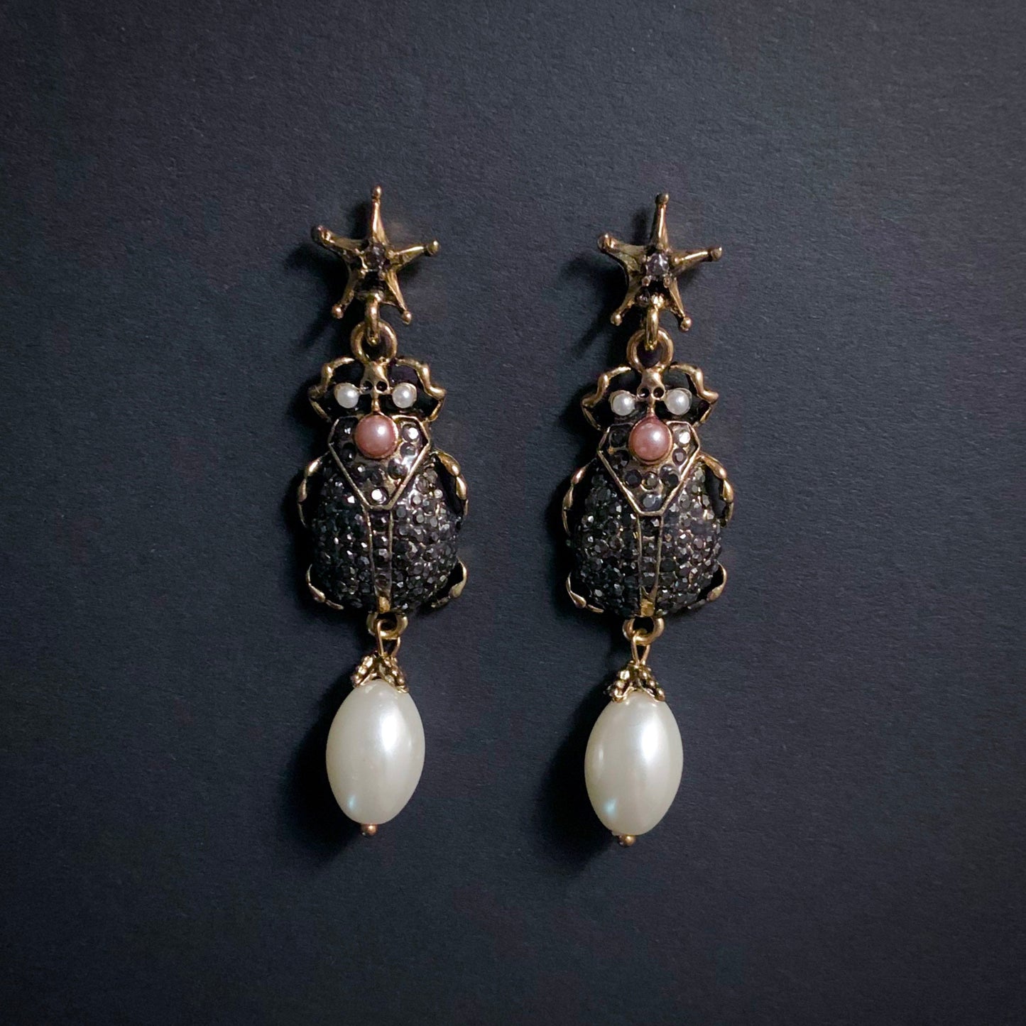 Scarab, Marcasite & White Pearl Gold Earrings