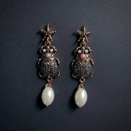 Scarab, Marcasite & White Pearl Gold Earrings