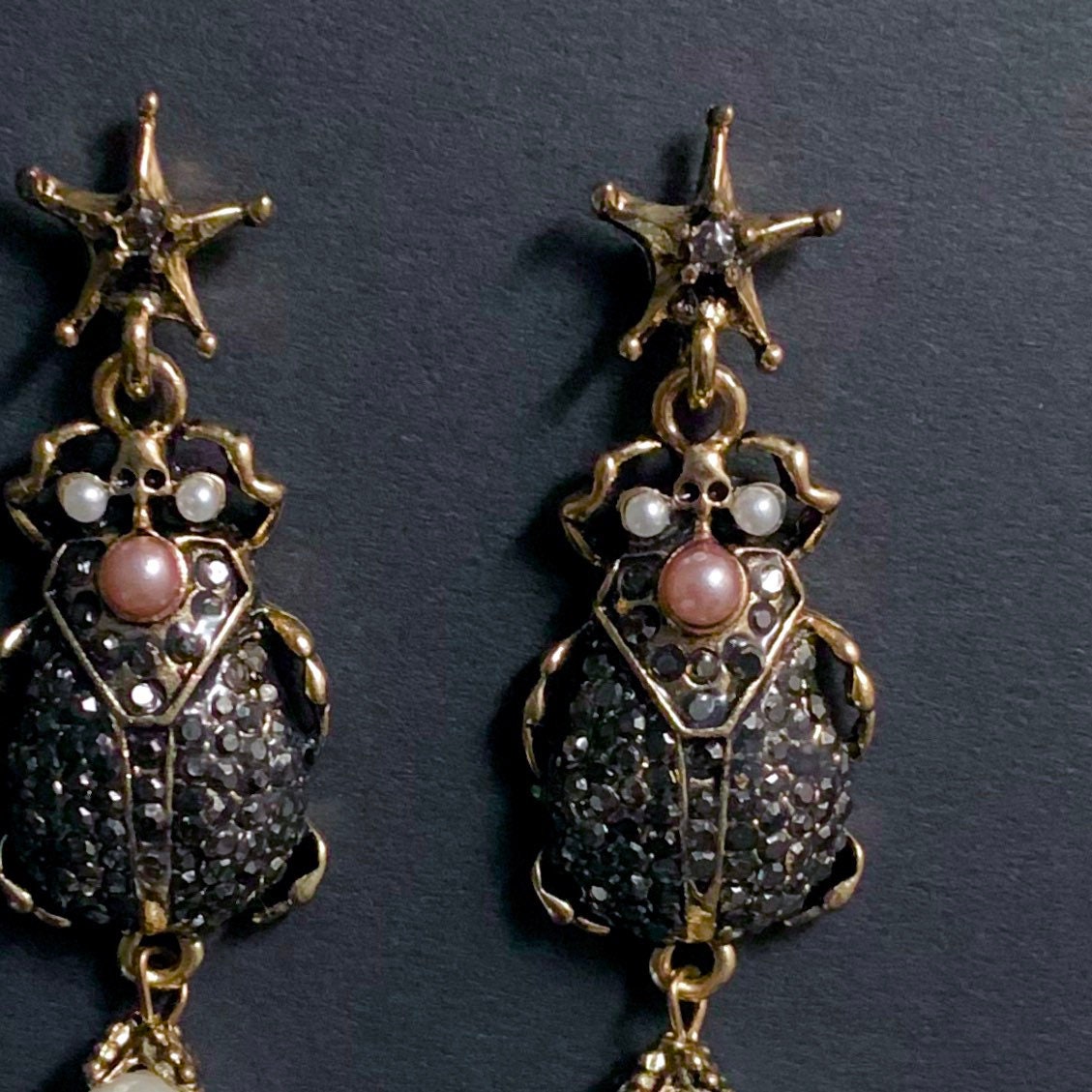 Scarab, Marcasite & White Pearl Gold Earrings