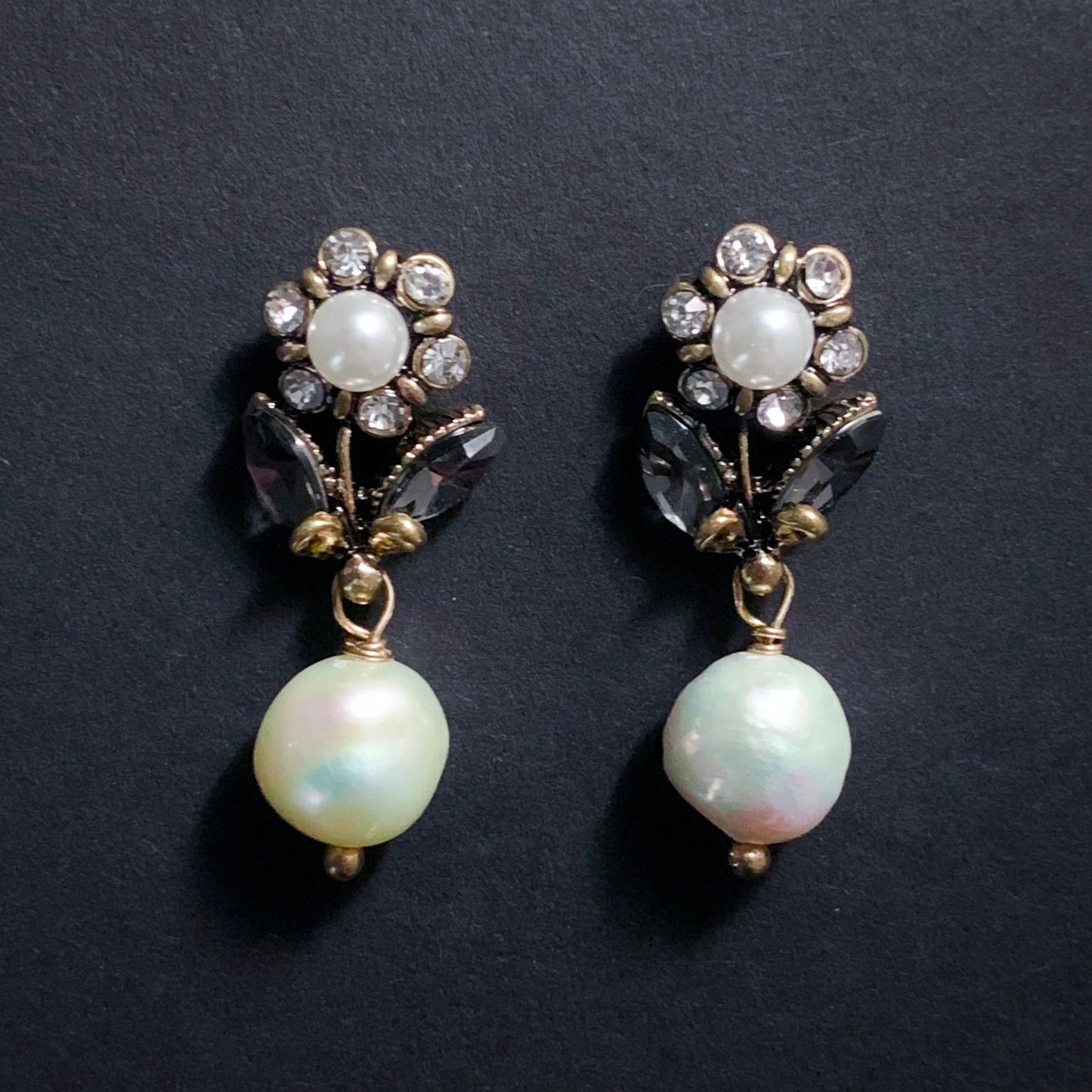 Flower & Baroque Freshwater Pearl Art Nouveau Stud Earrings in Snow White, Grey and Antique Gold