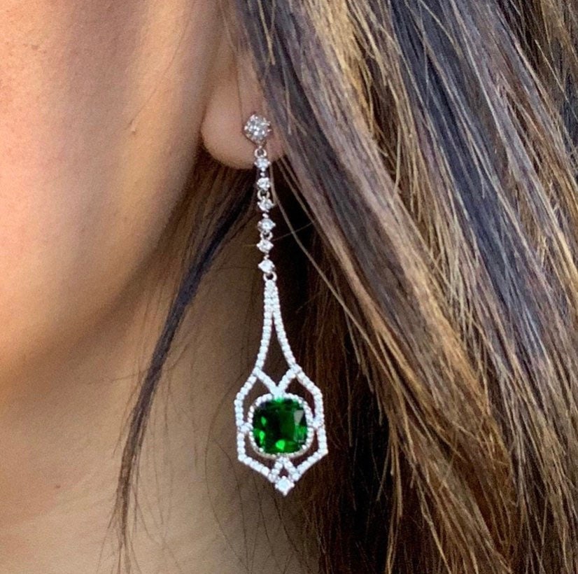 Art Deco Square Emerald Silver Drop Earrings