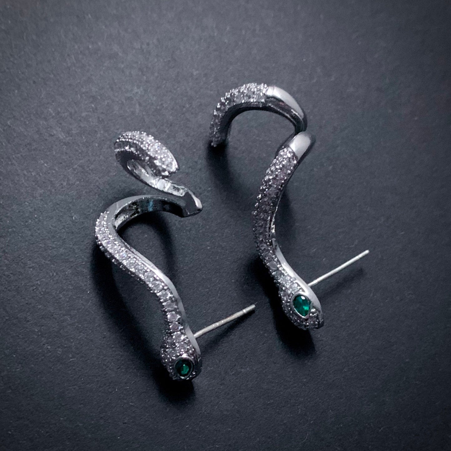 Snake Stud & Cuff Statement Earrings in Silver with Emerald Eyes