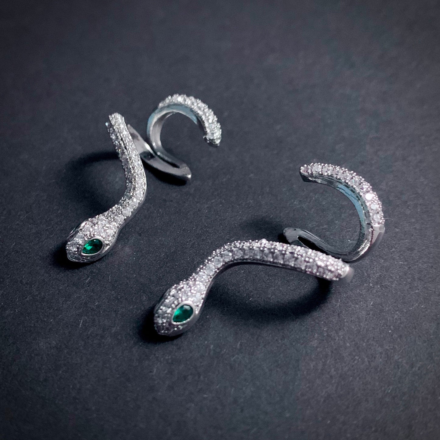 Snake Stud & Cuff Statement Earrings in Silver with Emerald Eyes