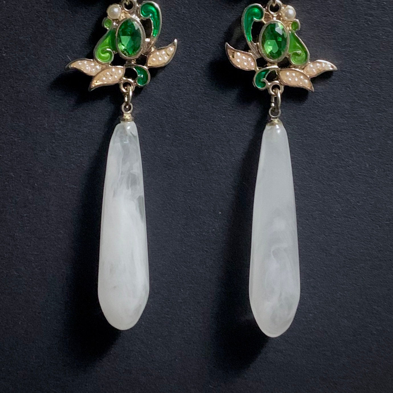 Green Leaves Enamel, Crystal & Milky White Long Teardrop Earrings