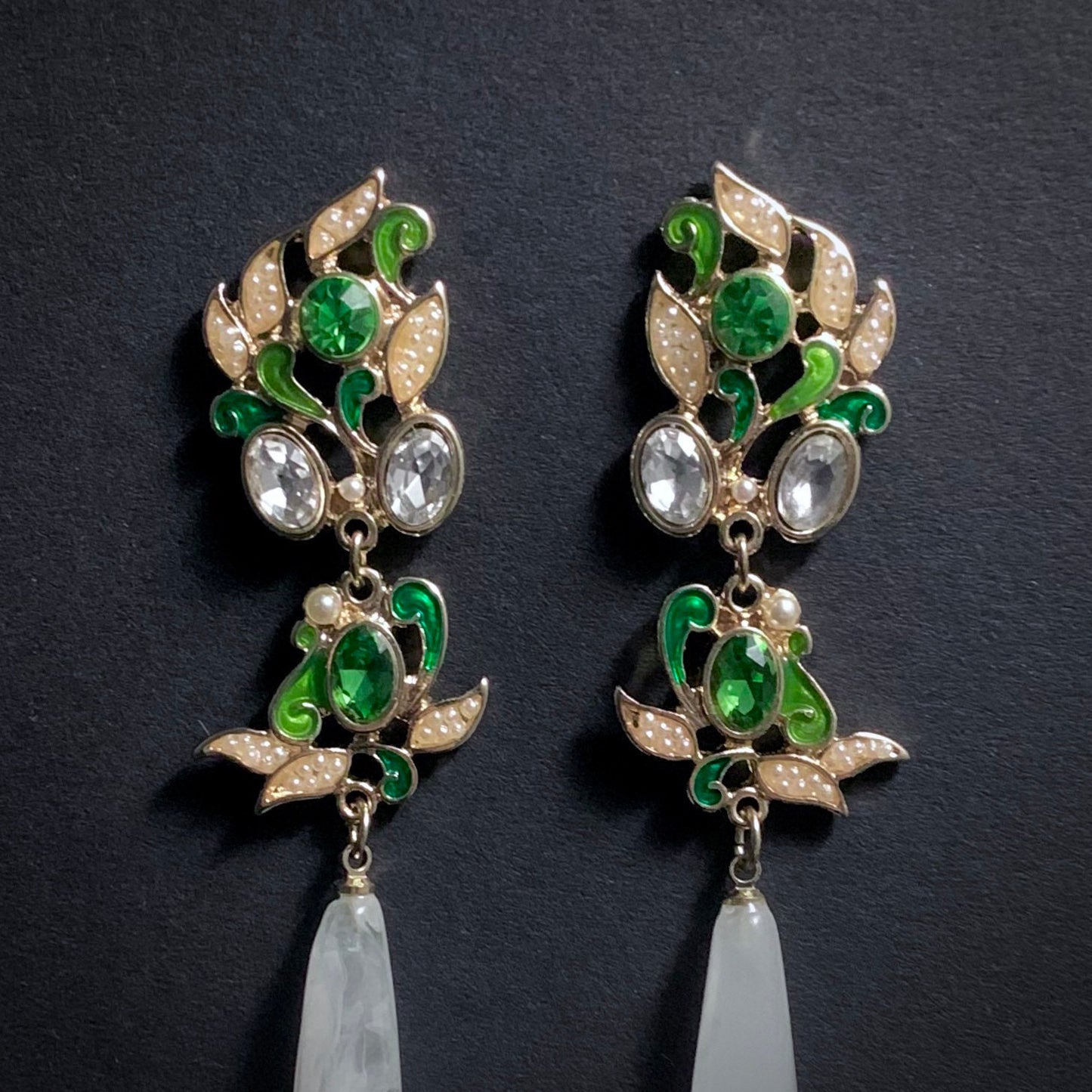 Green Leaves Enamel, Crystal & Milky White Long Teardrop Earrings