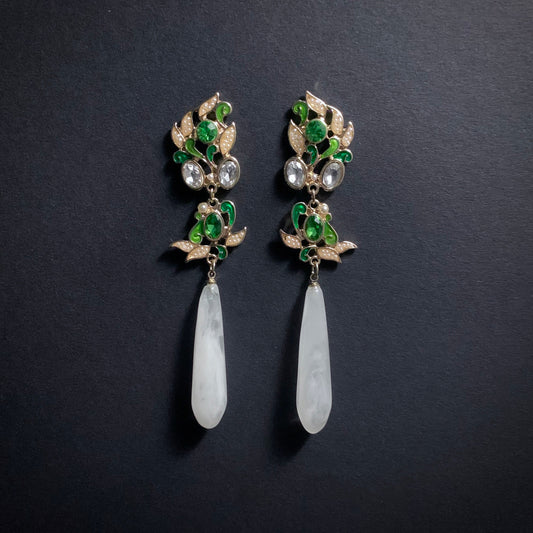 Green Leaves Enamel, Crystal & Milky White Long Teardrop Earrings