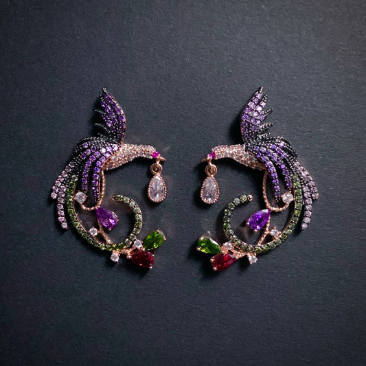 Phoenix Bird Rose Gold & Multi Color Earrings