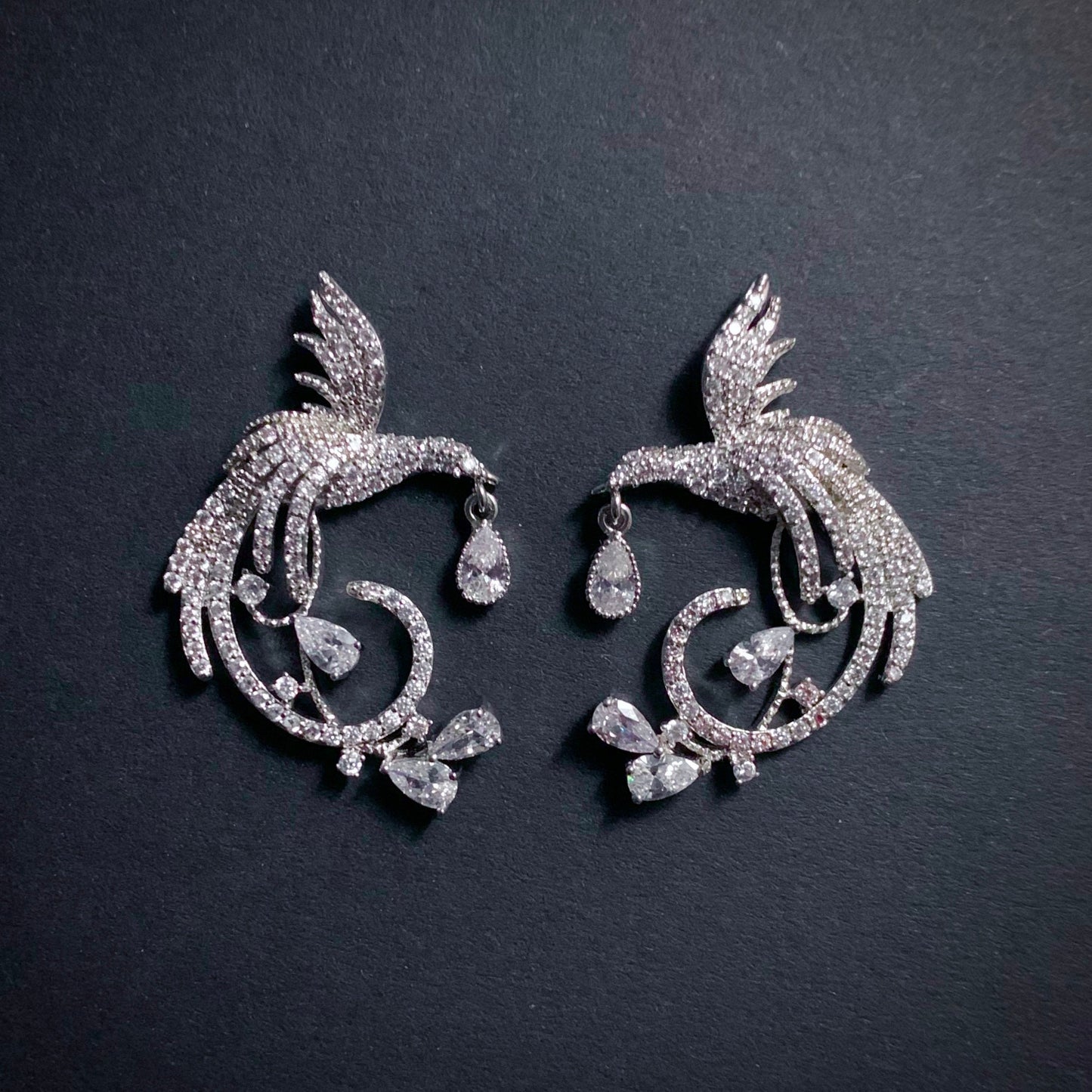 Phoenix Bird Silver & Clear Earrings