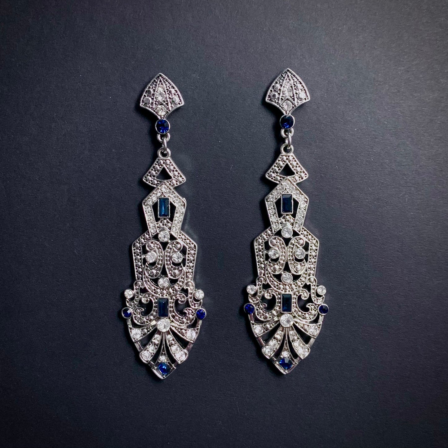 Art Deco Silver & Sapphire Large Chandelier Earrings