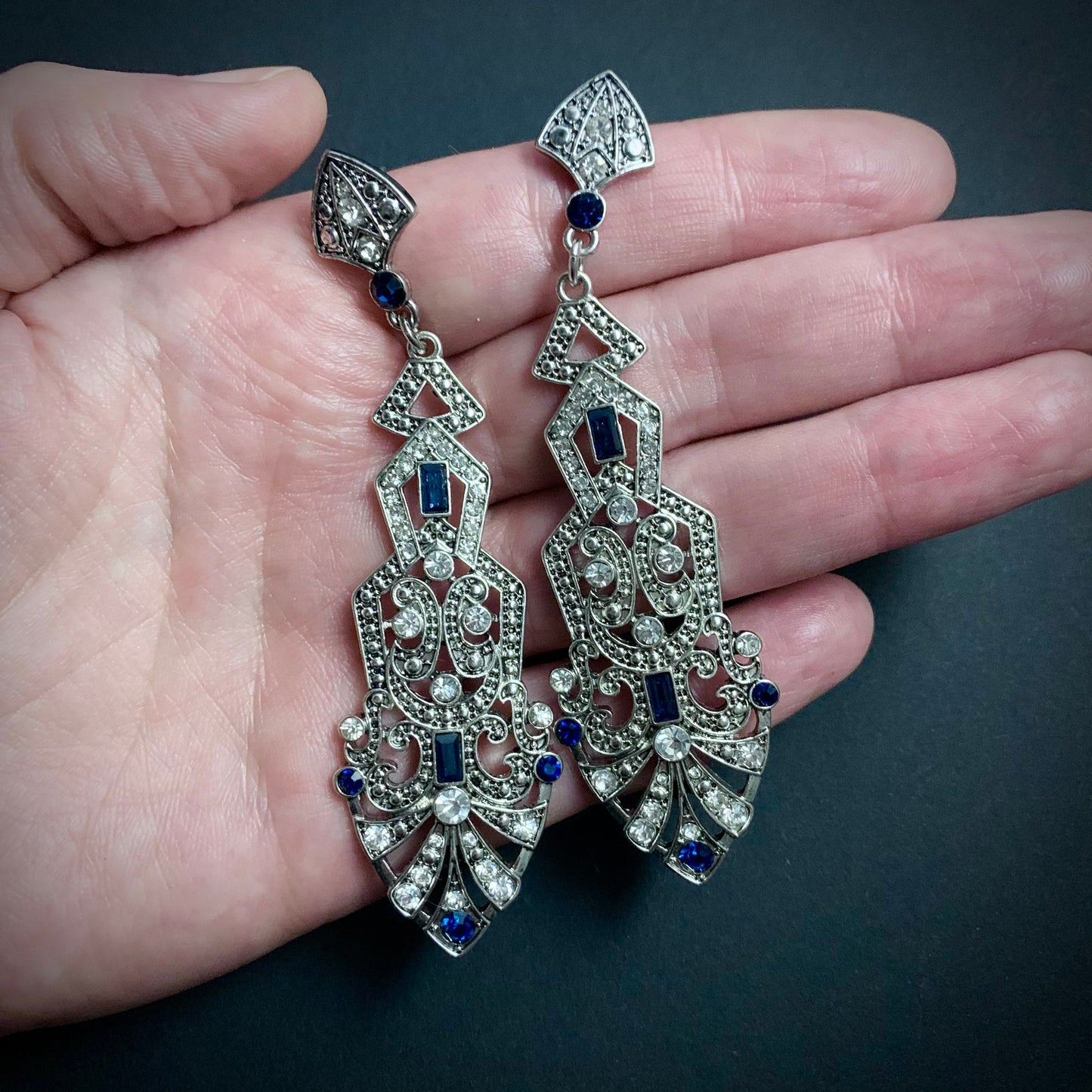 Art Deco Silver & Sapphire Large Chandelier Earrings