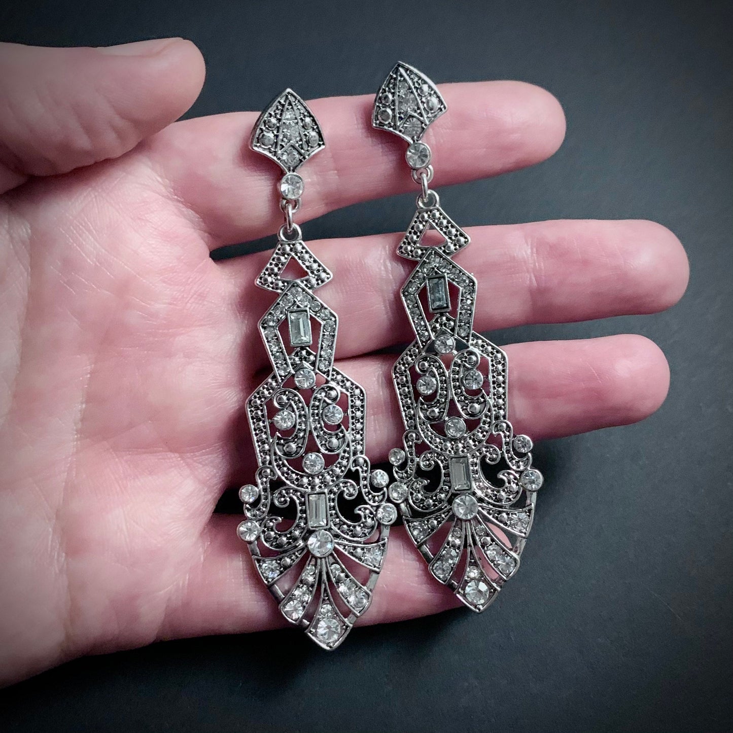 Art Deco Silver & Clear Large Chandelier Earrings