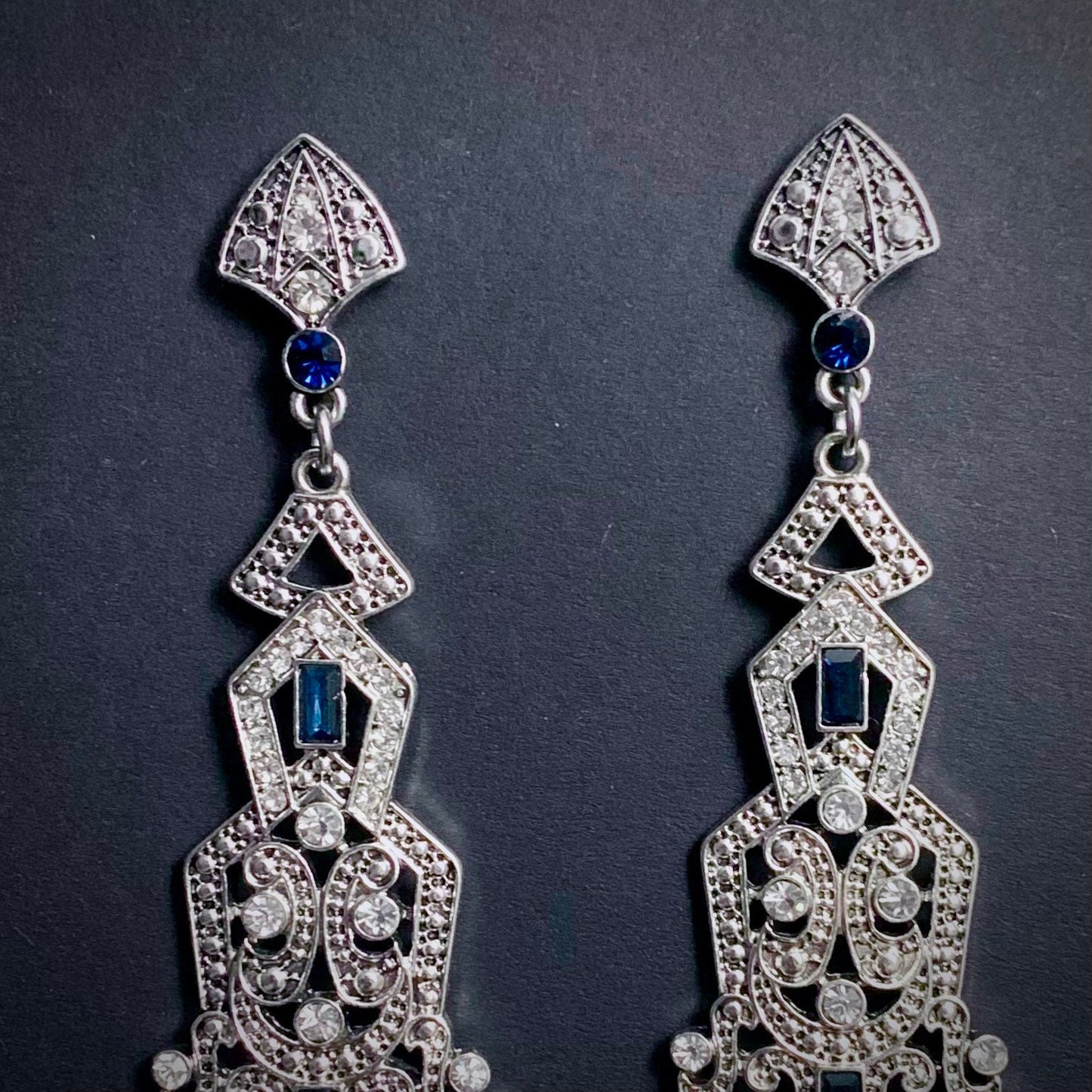 Art Deco Silver & Sapphire Large Chandelier Earrings