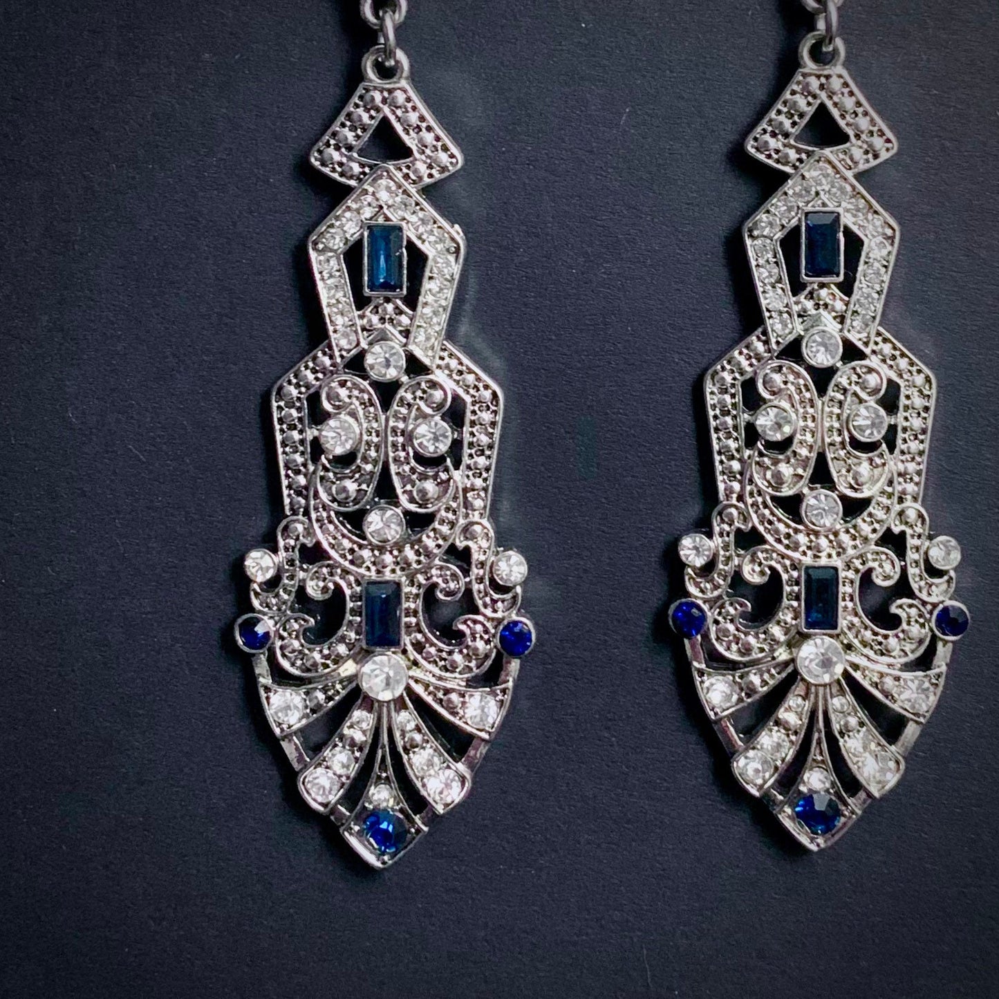 Art Deco Silver & Sapphire Large Chandelier Earrings