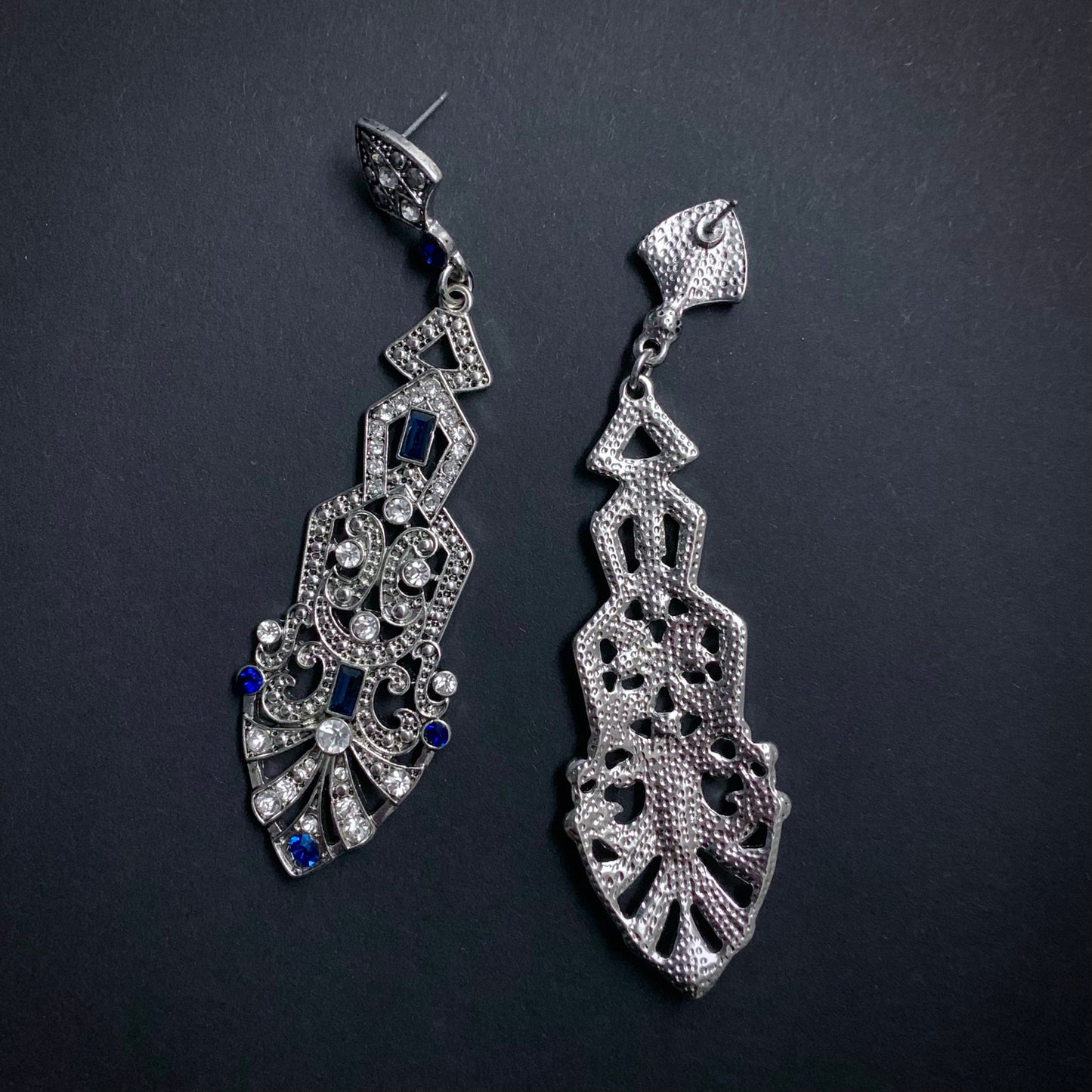 Art Deco Silver & Sapphire Large Chandelier Earrings