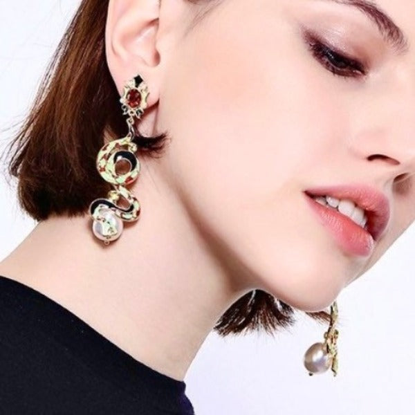 Large Snake Cloisonné Enamel & Pearl Statement Earrings