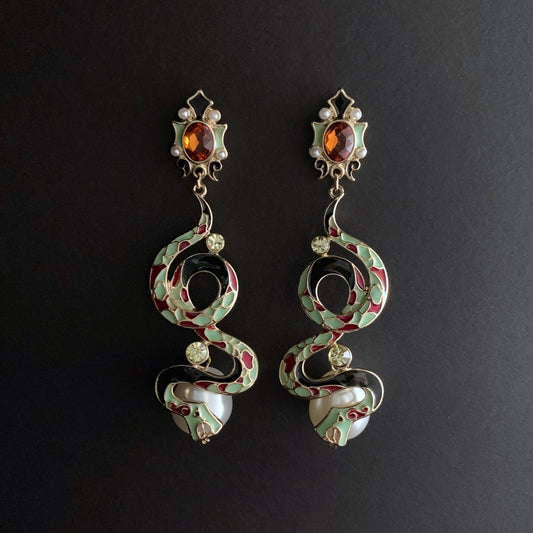 Large Snake Cloisonné Enamel & Pearl Statement Earrings