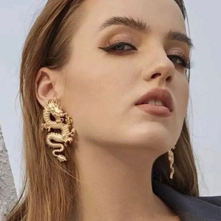 Hissing Dragon Large Gold Statement Earrings