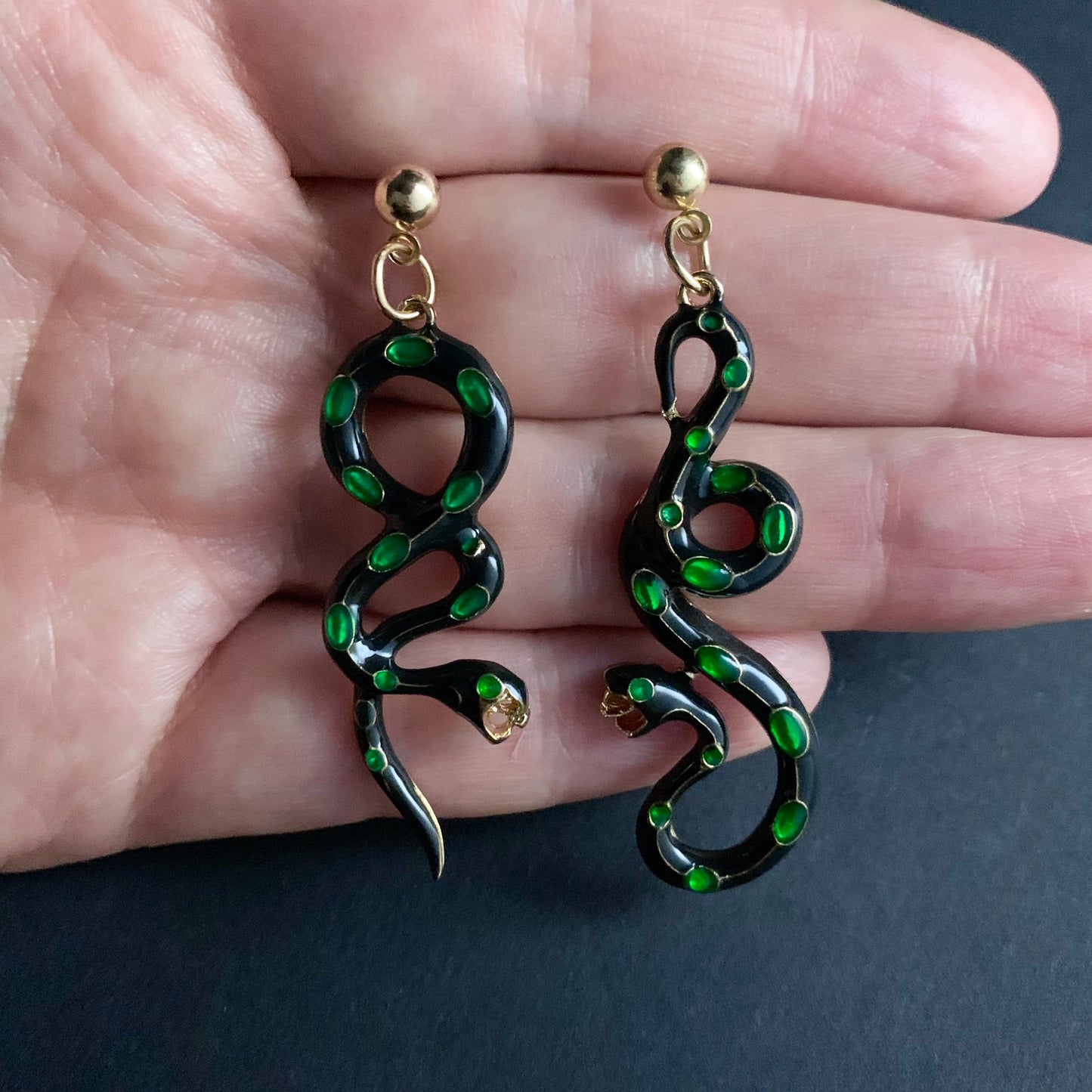 Snake Asymmetrical Cloisonné Enamel Earrings in Gold, Black & Emerald