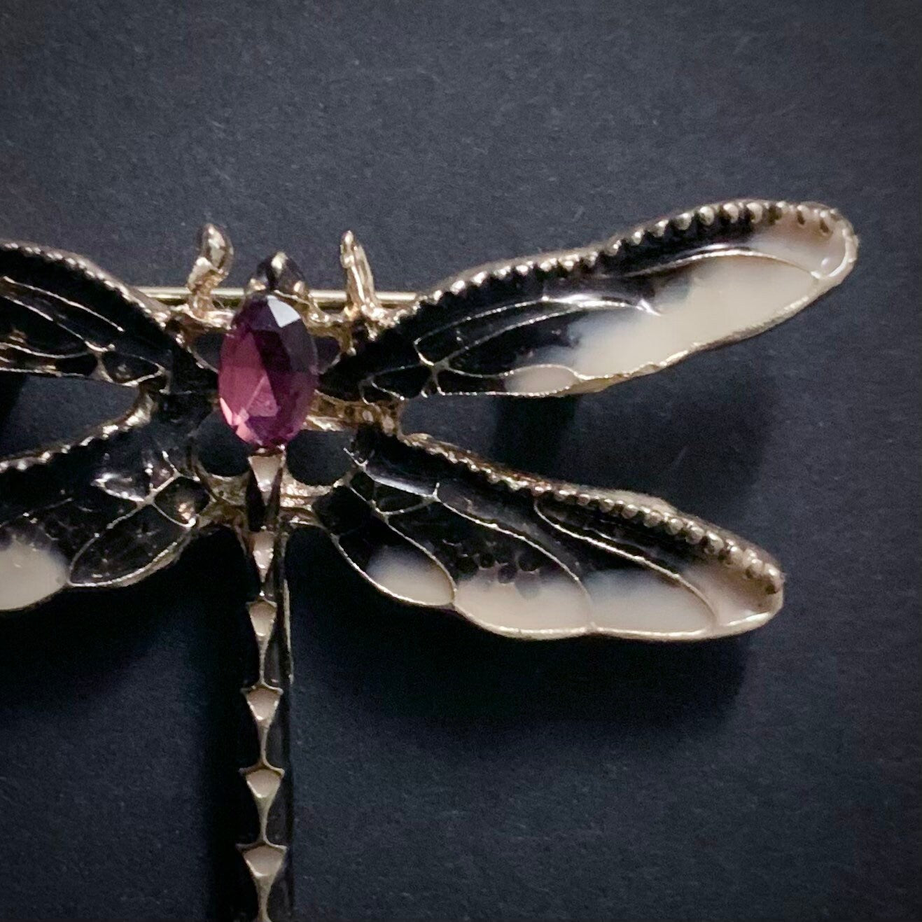 Art Nouveau Dragonfly Black & Cream Enamel Gold Brooch