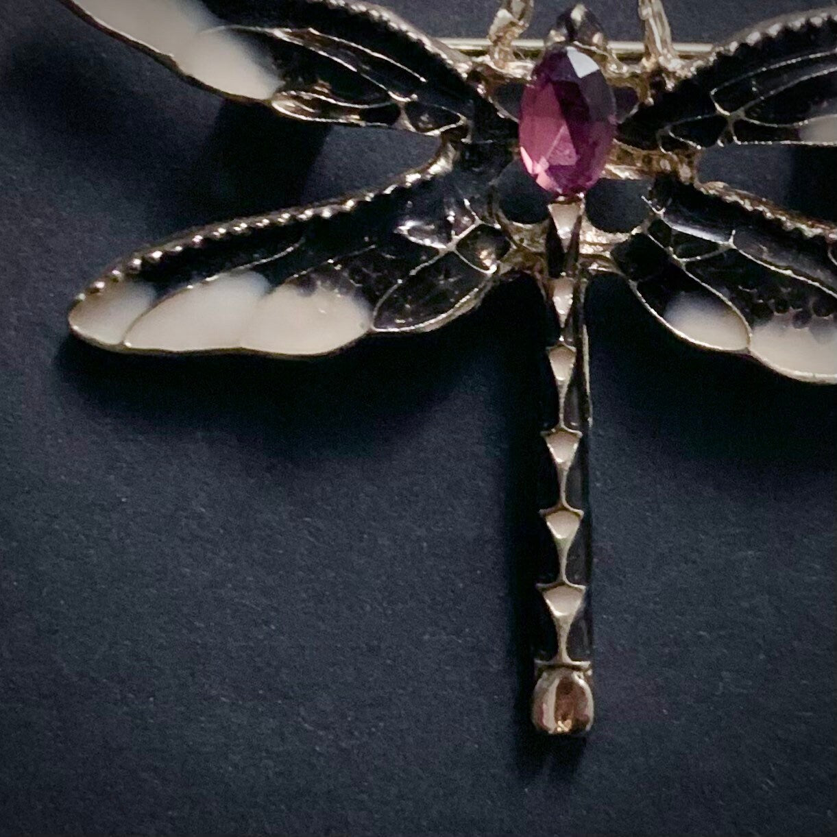 Art Nouveau Dragonfly Black & Cream Enamel Gold Brooch