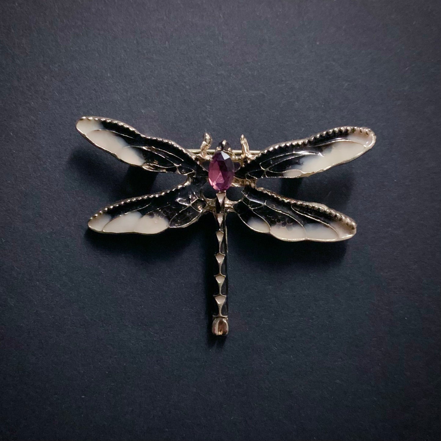 Art Nouveau Dragonfly Black & Cream Enamel Gold Brooch